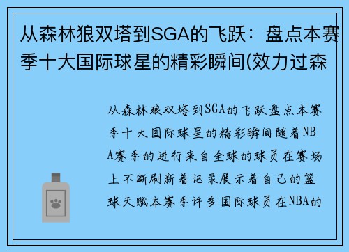 从森林狼双塔到SGA的飞跃：盘点本赛季十大国际球星的精彩瞬间(效力过森林狼的球星)