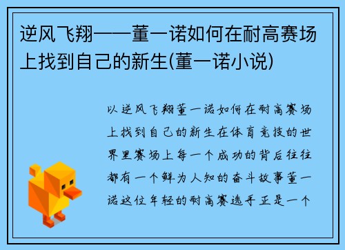 逆风飞翔——董一诺如何在耐高赛场上找到自己的新生(董一诺小说)