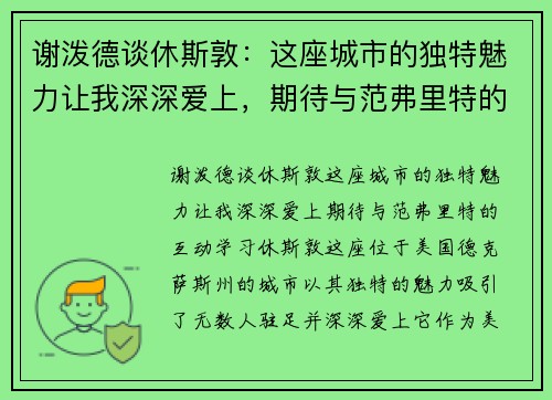 谢泼德谈休斯敦：这座城市的独特魅力让我深深爱上，期待与范弗里特的互动学习