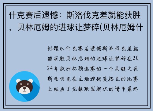 什克赛后遗憾：斯洛伐克差就能获胜，贝林厄姆的进球让梦碎(贝林厄姆什么位置)