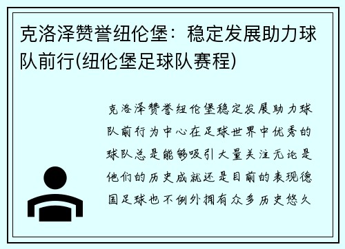 克洛泽赞誉纽伦堡：稳定发展助力球队前行(纽伦堡足球队赛程)
