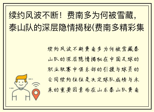 续约风波不断！费南多为何被雪藏，泰山队的深层隐情揭秘(费南多精彩集锦)