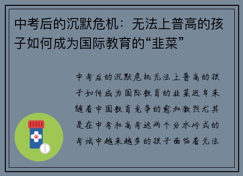 中考后的沉默危机：无法上普高的孩子如何成为国际教育的“韭菜”
