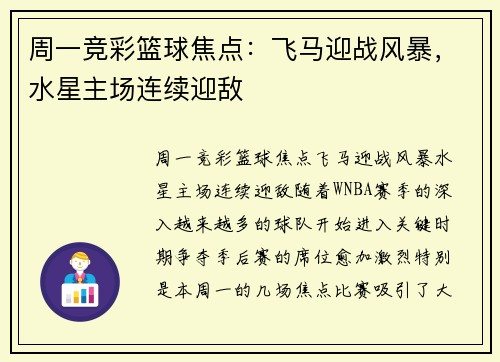 周一竞彩篮球焦点：飞马迎战风暴，水星主场连续迎敌