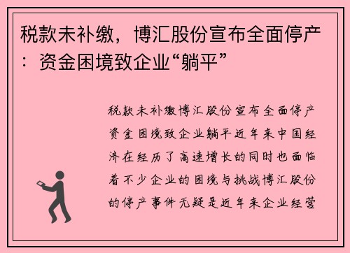 税款未补缴，博汇股份宣布全面停产：资金困境致企业“躺平”