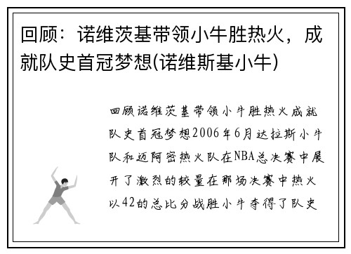 回顾：诺维茨基带领小牛胜热火，成就队史首冠梦想(诺维斯基小牛)