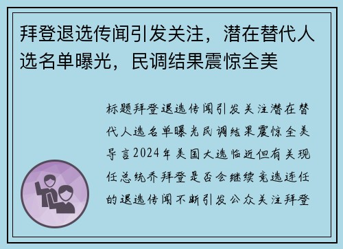 拜登退选传闻引发关注，潜在替代人选名单曝光，民调结果震惊全美