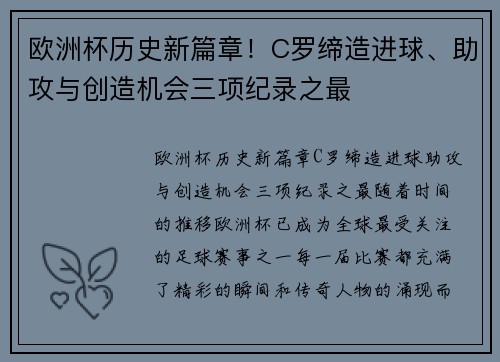 欧洲杯历史新篇章！C罗缔造进球、助攻与创造机会三项纪录之最