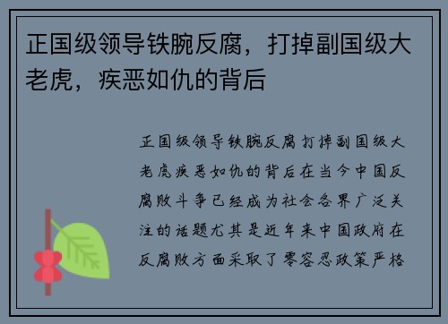 正国级领导铁腕反腐，打掉副国级大老虎，疾恶如仇的背后