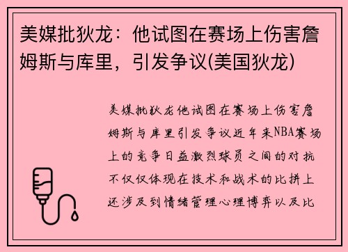 美媒批狄龙：他试图在赛场上伤害詹姆斯与库里，引发争议(美国狄龙)