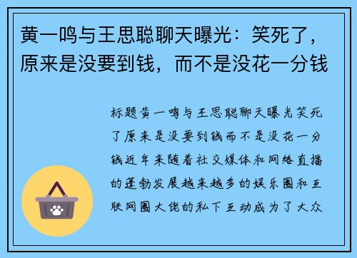 黄一鸣与王思聪聊天曝光：笑死了，原来是没要到钱，而不是没花一分钱