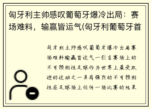 匈牙利主帅感叹葡萄牙爆冷出局：赛场难料，输赢皆运气(匈牙利葡萄牙首发阵容)